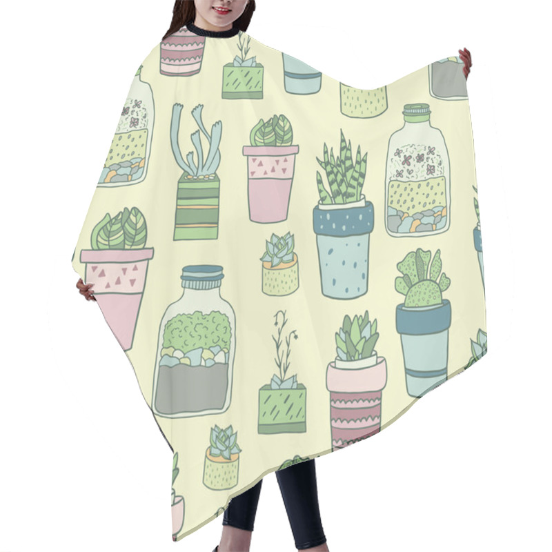 Personality  Cute Hand Drawn Terrariums, Houseplants And Succulents In Pots. Seamless Vector Pattern. Hair Cutting Cape