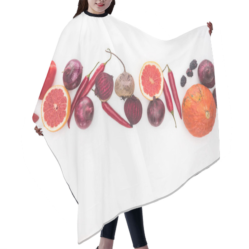 Personality  Top View Of Raw Red And Purple Autumn Vegetables, Berries And Fruit On White Background Hair Cutting Cape