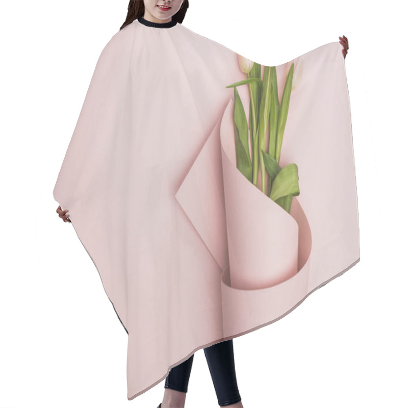 Personality  Top View Of Tulips Wrapped In Paper On Pink Background Hair Cutting Cape