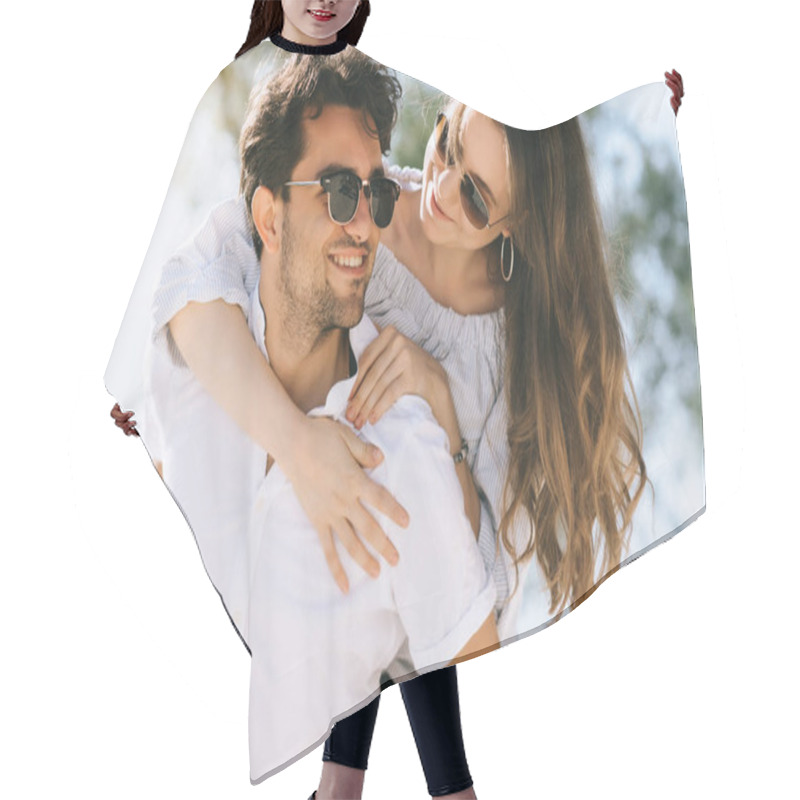 Personality  Portrait Of Boyfriend Giving Piggyback To Girlfriend Hair Cutting Cape