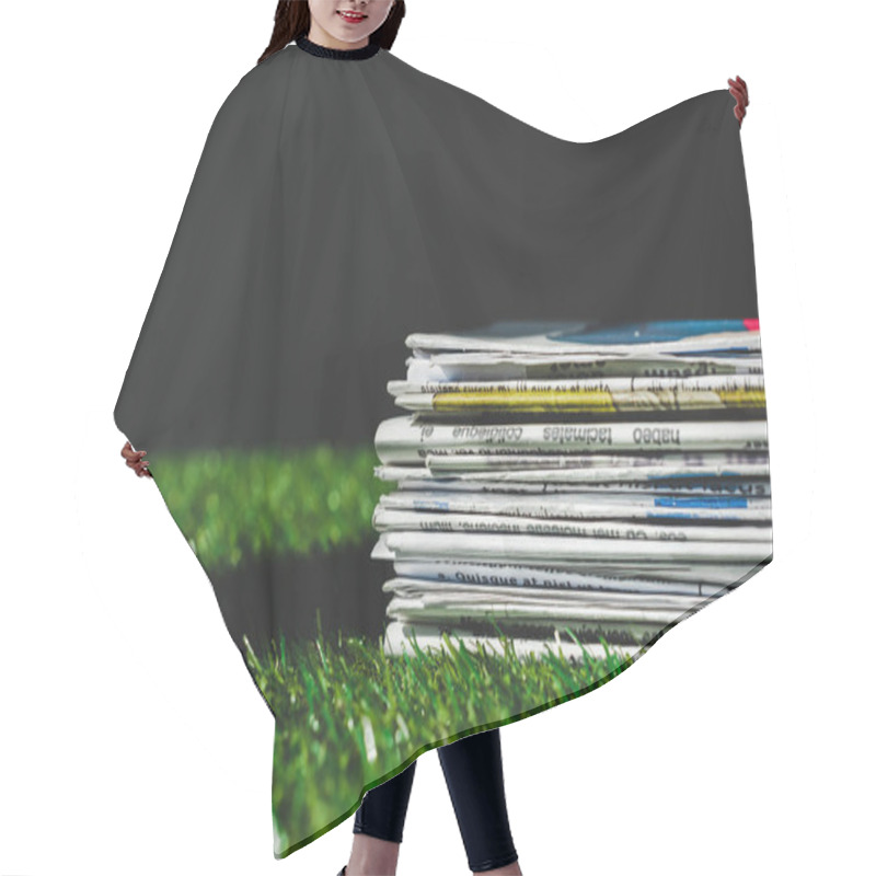 Personality  Stack Of Different Print Newspapers On Fresh Green Grass Isolated On Black Hair Cutting Cape