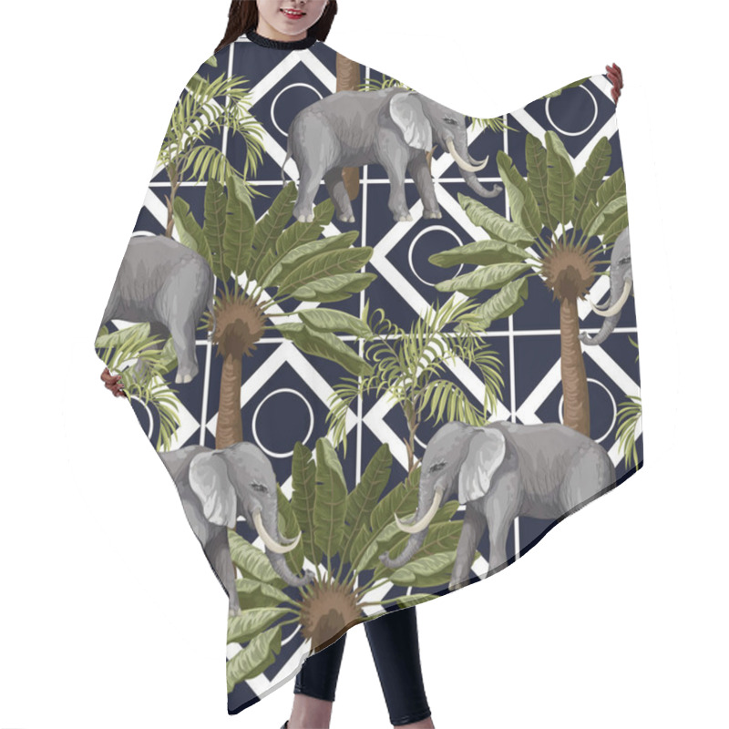 Personality  Seamless Pattern With Elephants And Tropical Trees On Geometrical Background. Hair Cutting Cape