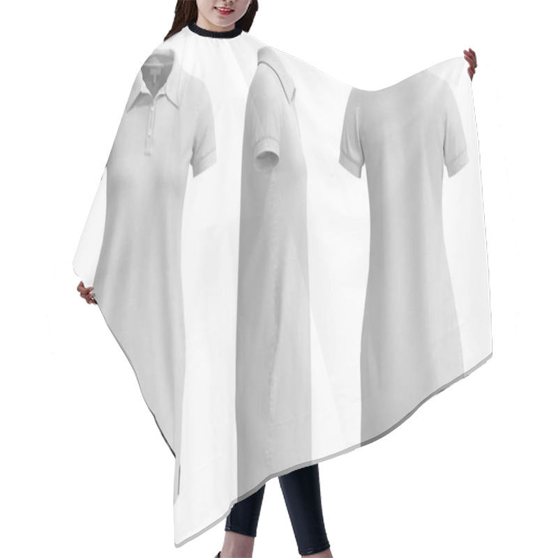 Personality  Womens Polo Dress On A White Background. Front, Side, Back View. Mockup 3D Rendering. Hair Cutting Cape