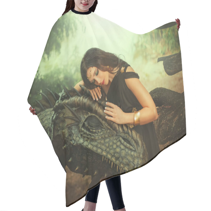 Personality  Fantasy Woman Evil Dark Queen Witch Hugs Dragon, Touching With Hands Head. Girl Mistress Tamed Myth Monster, Concept Of Dominance Control. Black Dress Girl Princess Fashion Model, Golden Moon Diadem. Hair Cutting Cape