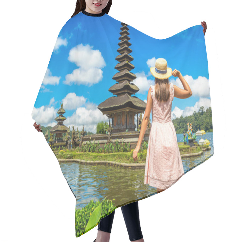 Personality  Woman Traveler At  Pura Ulun Danu Beratan Bedugul Temple On A Lake In Bali, Indonesia Hair Cutting Cape