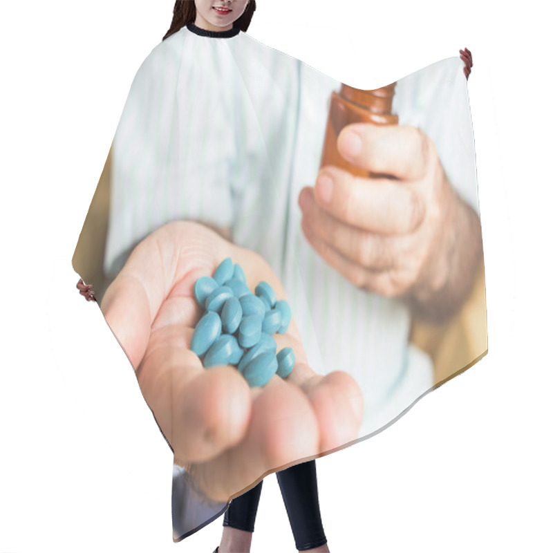 Personality  Old Man With A Pile Of Blue Pills In His Hand Hair Cutting Cape