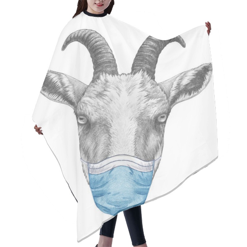 Personality  Portrait Of  Goat In Mask, Hand-drawn Illustration Hair Cutting Cape