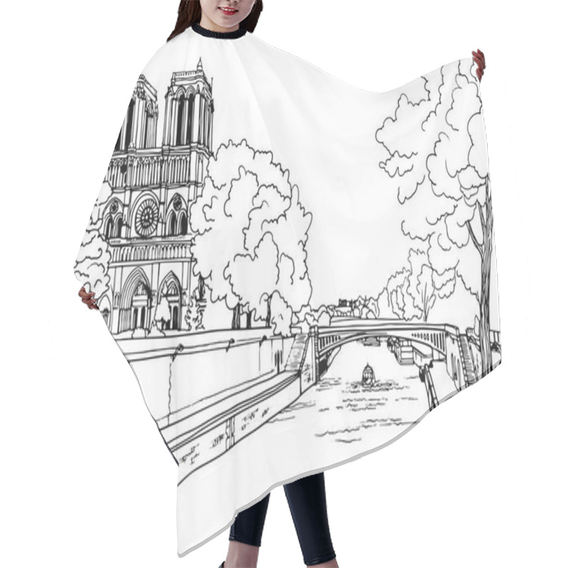 Personality  Romantic View Of Old Paris Bridge And River Seine. Paris, France. Hand Drawn Sketch. Line Art. Ink Drawing. Black And White Vector Background On White. For Illustration And Romantic Postcards. Hair Cutting Cape