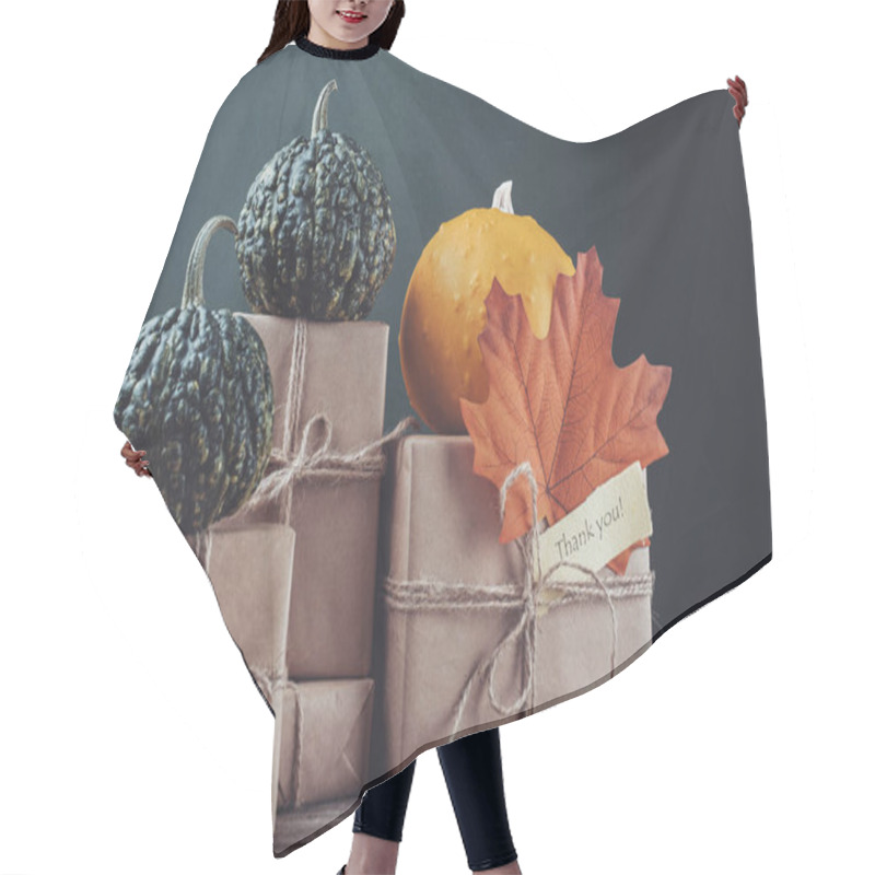 Personality  A Gift Box Wrapped In Brown Pumpkin Craft Paper And Decorated With An Autumn Leaf With Words Of Gratitude. Autumn Composition. Thanksgiving, Fall Concept. High Quality Photo Hair Cutting Cape