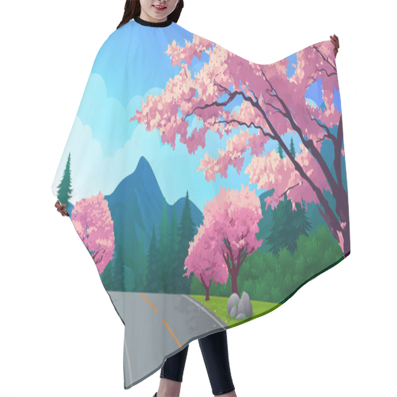 Personality  Cherry Blossom Tree With Beautiful Spring Season Landscape Vector Illustration Hair Cutting Cape