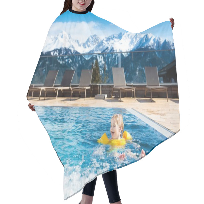 Personality  Child In Outdoor Swimming Pool Of Alpine Resort Hair Cutting Cape