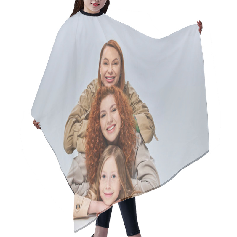 Personality  Three Generations, Redhead Mother And Child In Beige Trench Coats Posing On Grey Background Hair Cutting Cape