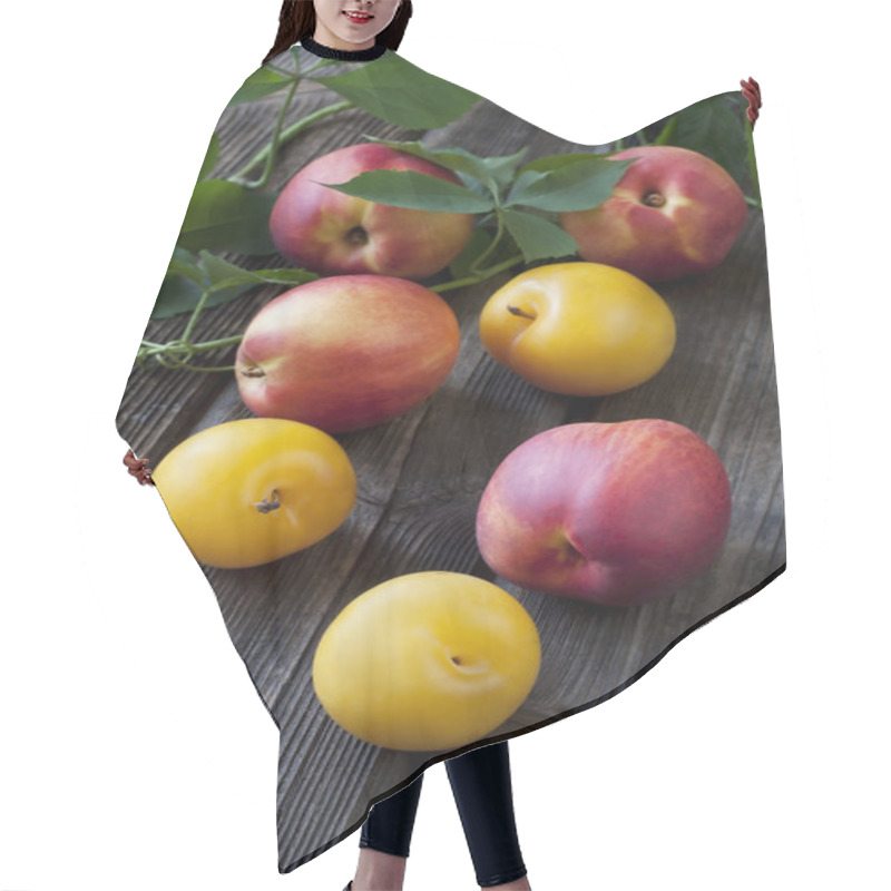 Personality  Juicy Fresh Plums  And Nectarines On Dark Wooden Background Hair Cutting Cape