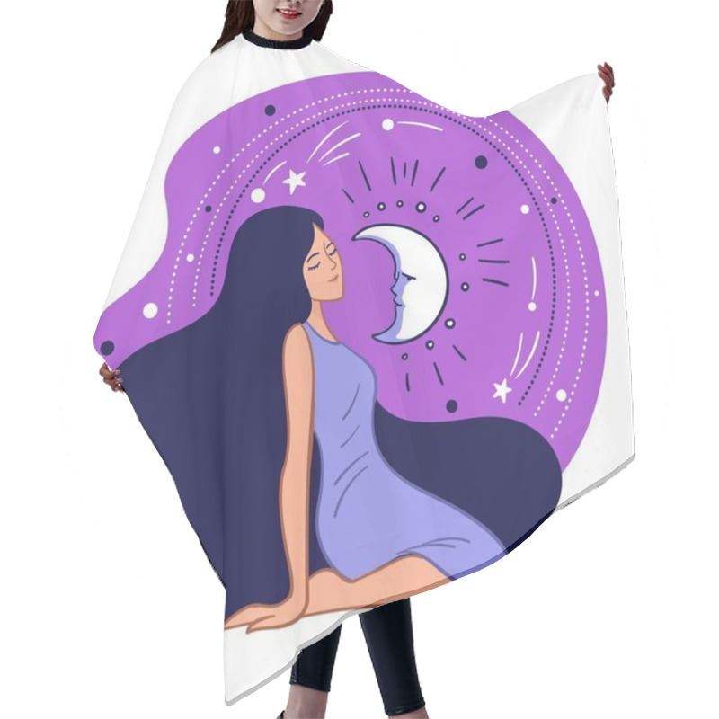 Personality  Shining Moon And Stars, Space And Galaxy Exploration. Woman Wearing Elegant Long Dress Sitting By Night Sky. Fantasy And Dreaming, Witchcraft And Occult Knowledge Of Lady. Vector In Flat Style Hair Cutting Cape