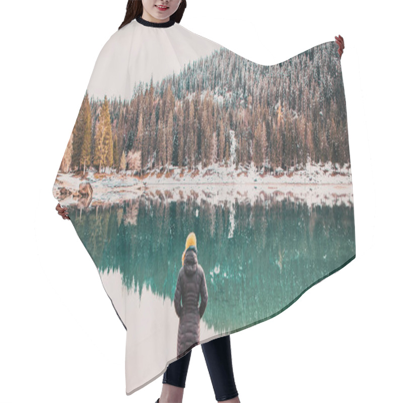 Personality  Woman Watchin Amazing Turquoise Water Of Caumasee In Winter Switzerland Slow Travel Hair Cutting Cape