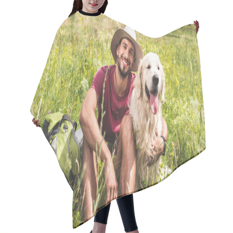 Personality  Traveler Sitting With Golden Retriever Dog On Green Meadow Hair Cutting Cape