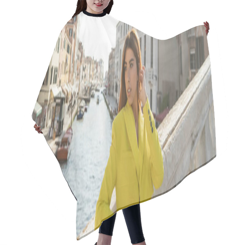 Personality  Stylish Woman In Yellow Crop Jacket Looking Away On Bridge Over Venetian Grand Canal, Banner Hair Cutting Cape