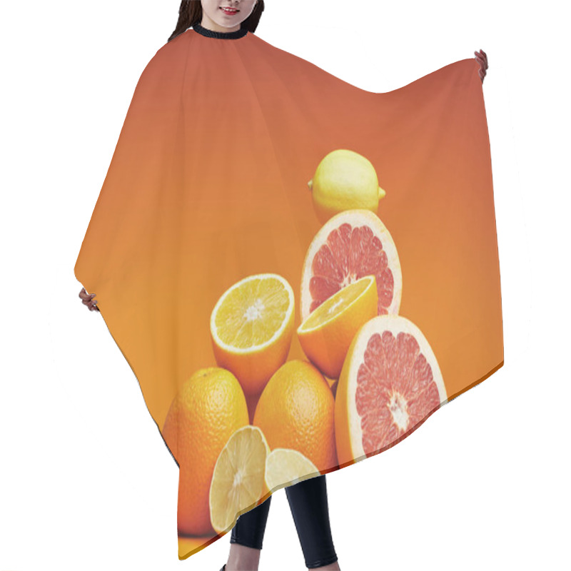 Personality  Close-up View Of Fresh Ripe Whole And Sliced Citrus Fruits On Orange Background Hair Cutting Cape