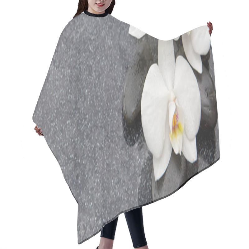 Personality  Spa Stones And White Orchid On Gray Background. Hair Cutting Cape