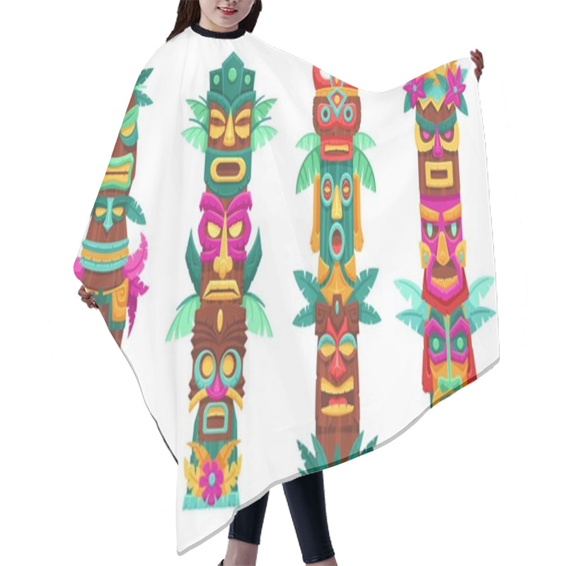 Personality  Mask Totem Poles. Traditional Tribal Sculptures, Island Tiki Gods Faces And Wooden Totemic Statues Vector Set. Religious Aztec Idols, Aboriginal Heads With Leaves And Bright Flowers Hair Cutting Cape