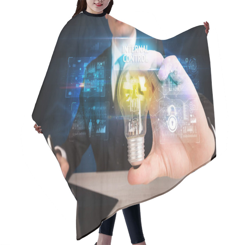 Personality  Businessman Holding A Light Bulb, Online Security Concept Hair Cutting Cape