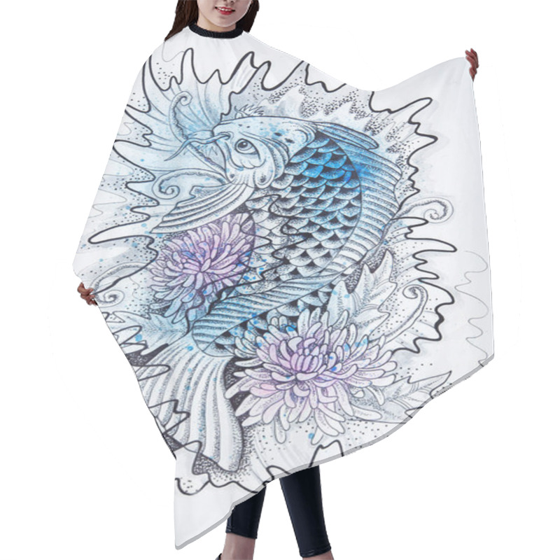 Personality  Sketch Of Japanese Carp White Background. Hair Cutting Cape