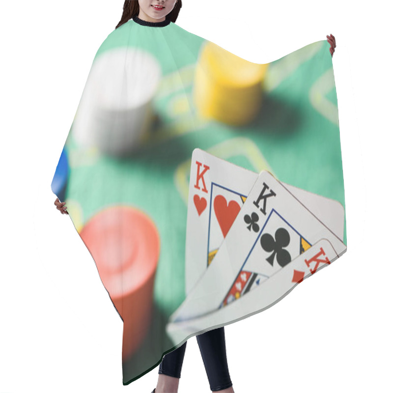 Personality  Selective Focus Of Playing Cards With Chips And Green Poker Table On Background Hair Cutting Cape