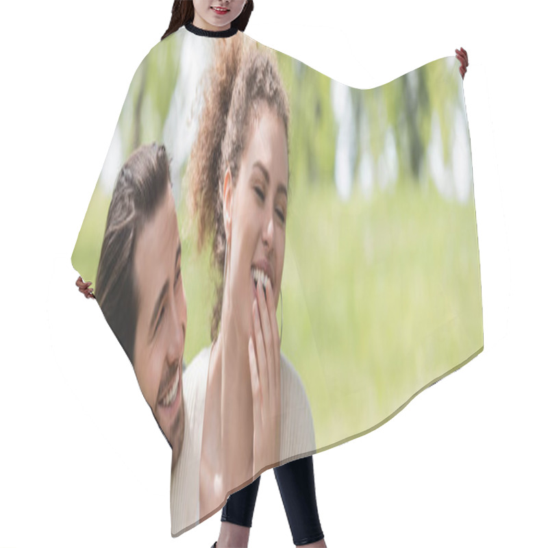 Personality  Happy Man And Cheerful Woman Laughing While Covering Mouth In Park,  Banner Hair Cutting Cape