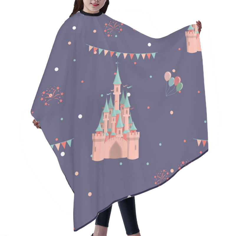 Personality  Amusement Park Seamless Pattern With Pink Princess Castle, Air Balloons And Fireworks. Vector Illustration. Hair Cutting Cape