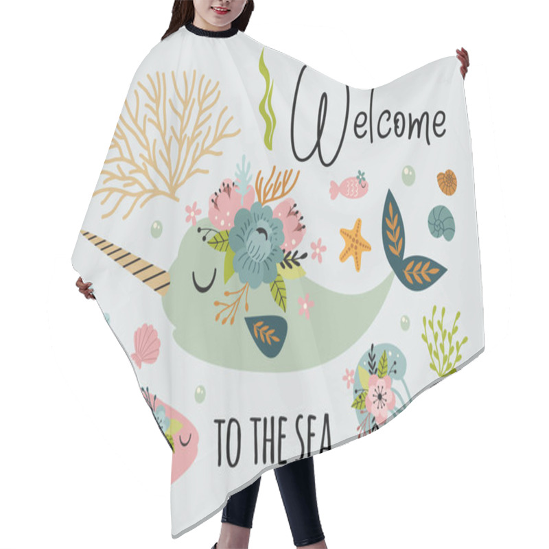 Personality  Beautiful Marine Poster With Narwhal, Jellyfish, Fish Hair Cutting Cape