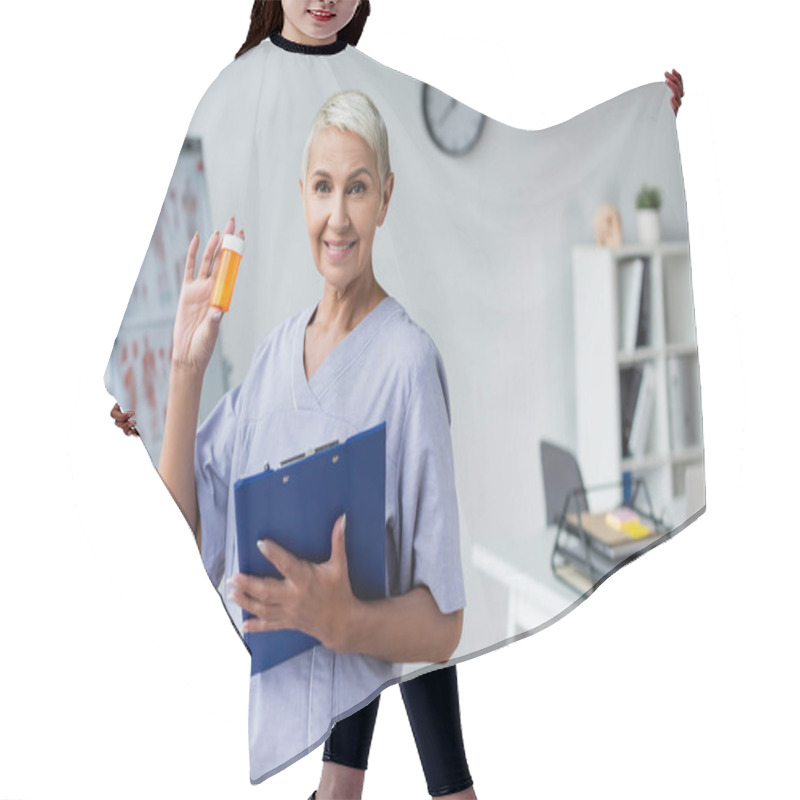 Personality  Cheerful Elderly Doctor Holding Bottle With Pills And Clipboard  Hair Cutting Cape