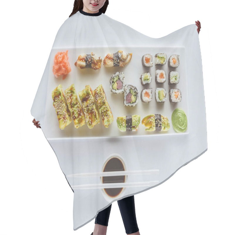 Personality  Top View Of Gourmet Sushi Set With Ginger, Wasabi, Soy Sauce And Chopsticks Isolated On White  Hair Cutting Cape