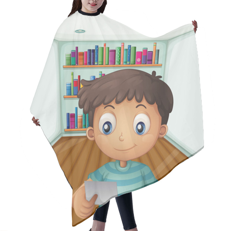 Personality  A Young Boy In Front Of The Bookshelves Hair Cutting Cape