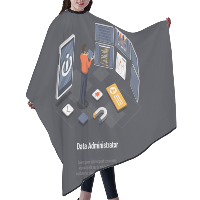 Personality  System Administrator Upkeeping Server, Adjusting Network, PC Hardware. Sysadmin Repairing Computer And Smartphone. Administration, Data Center Maintenance Service. Isometric 3d Vector Illustration. Hair Cutting Cape