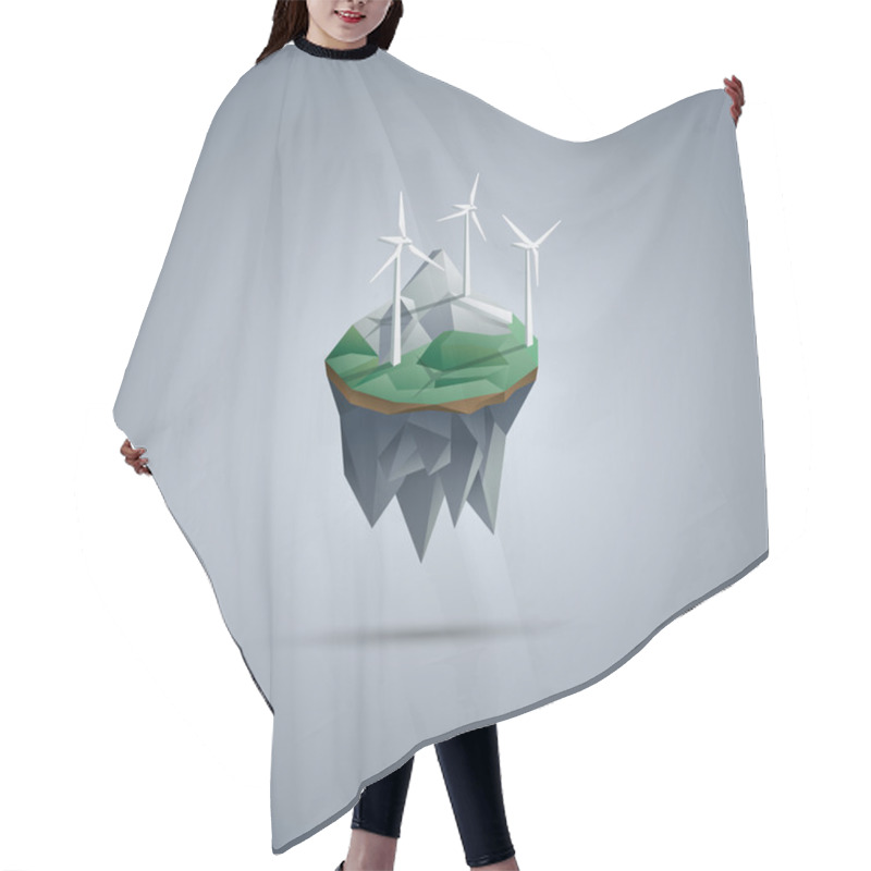 Personality  Wind Turbines On Low Poly Floating Island. Renewable Energy Environment Symbol In Modern Polygonal Design. Hair Cutting Cape