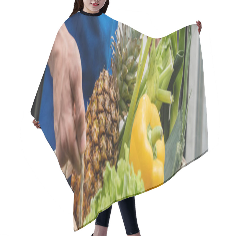 Personality  Cropped View Of Courier Holding Wooden Box With Fresh Food, Banner  Hair Cutting Cape