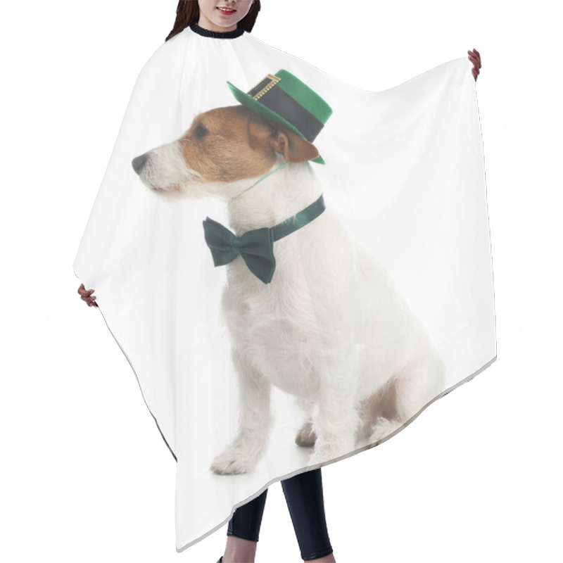 Personality  Jack Russell Terrier With Leprechaun Hat And Bow Tie On White Background. St. Patrick's Day Hair Cutting Cape