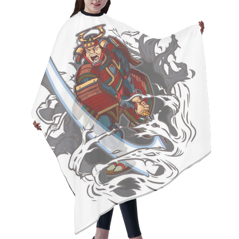 Personality  Samurai Slashing Through Background Vector Cartoon Clip Art Illustration Hair Cutting Cape