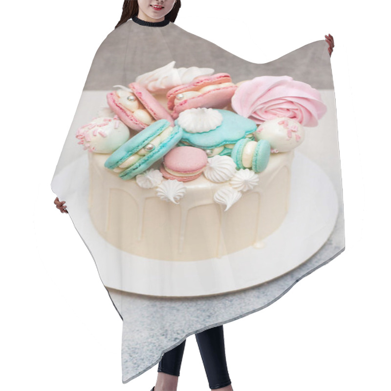 Personality  Elegant White Cake With Macaroon Sea Shells, Chocolate And Meringue Decoration Hair Cutting Cape