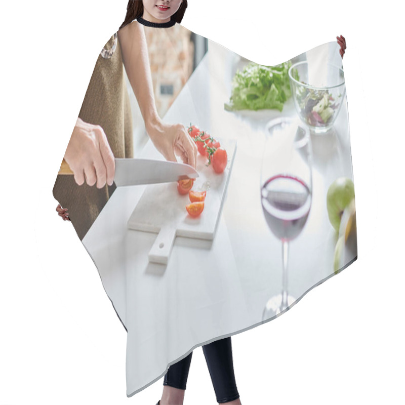 Personality  Partial Shot Of Woman Cutting Cherry Tomatoes Near Glass Of Red Wine And Lettuce In Transparent Bowl Hair Cutting Cape