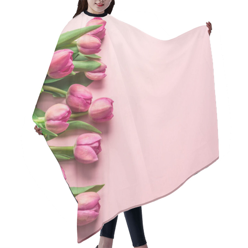 Personality  Delicate Pink Tulips On Lightpink Background.  Top View. Hair Cutting Cape