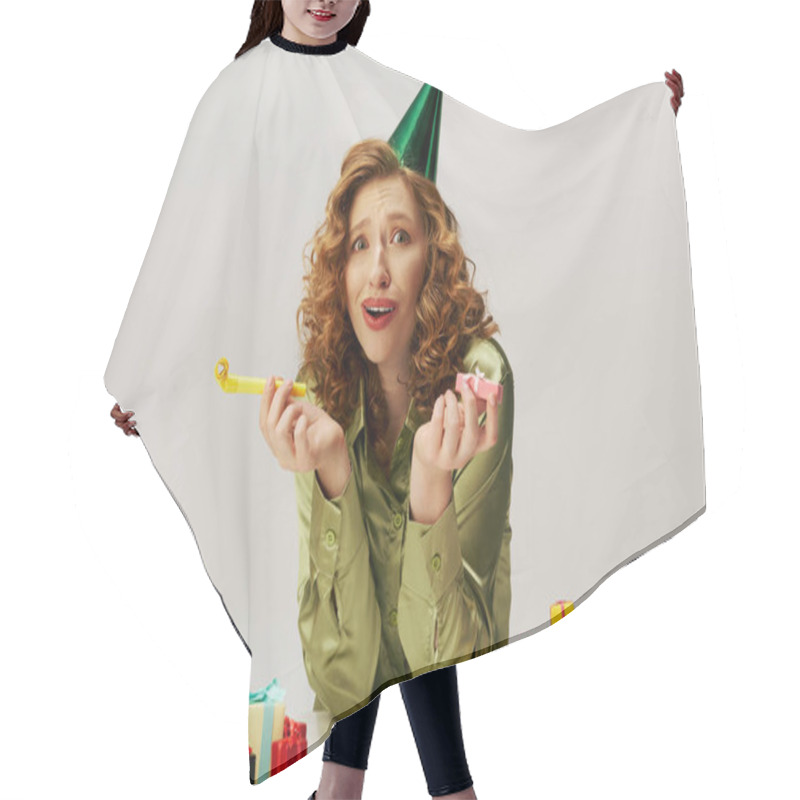 Personality  A Young Woman With Curly Hair Enthusiastically Posing Cheerfully At A Festive Party Atmosphere. Hair Cutting Cape