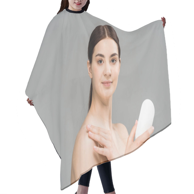 Personality  Happy Young Woman Holding Bottle With Body Lotion Isolated On Grey  Hair Cutting Cape