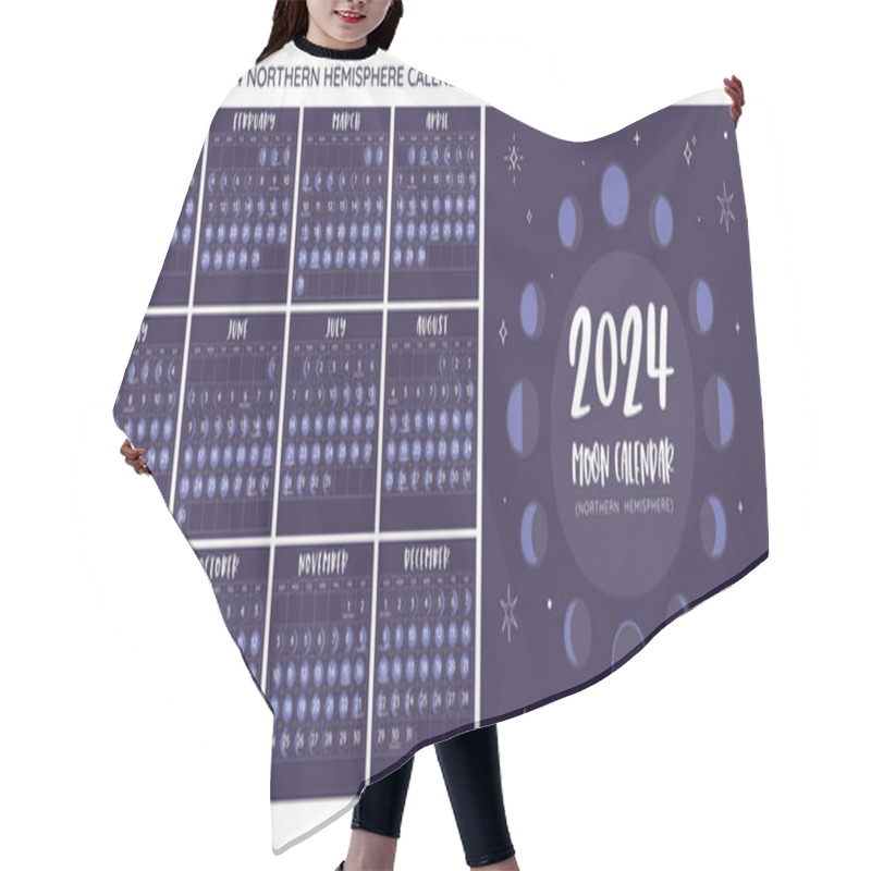 Personality  2024 Calendar. Moon Phases Foreseen From Northern Hemisphere. Square Format. One Month Per Sheet. Week Starts On Sunday. EPS Vector. No Editable Text. Hair Cutting Cape