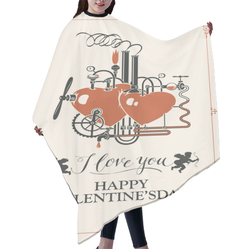 Personality  Vector Valentine Card Or Banner With Two Hearts Connected By Different Mechanisms And Pipes. Love Factory. Romantic Vector Card In Retro Style With Inscriptions And Cupids Hair Cutting Cape