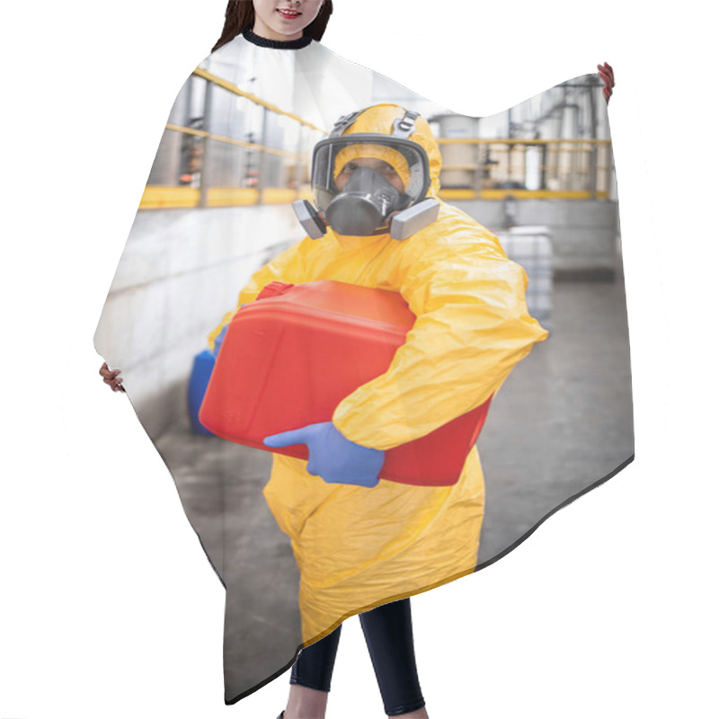 Personality  Portrait Of Chemicals Production Plant Worker In Protective Suit And Gas Mask Holding Plastic Can With Chemical. Hair Cutting Cape