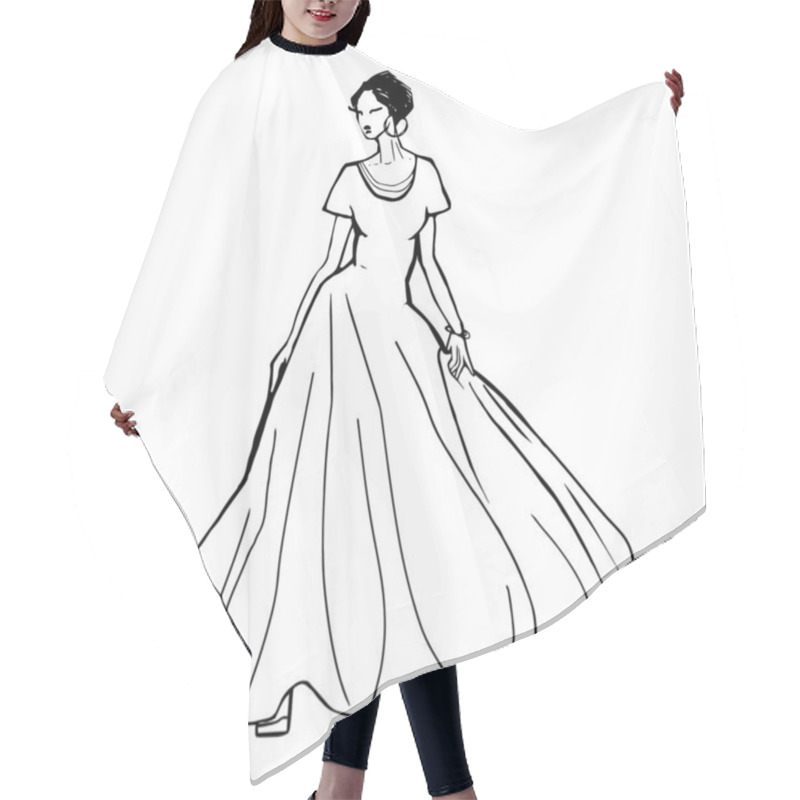 Personality  Fashion Hand Drawn Illustration. Vector Sketch. Long Dress. Bride. Hair Cutting Cape