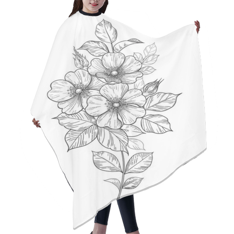 Personality  Hand Drawn Dog-rose Branch With Flowers And Leaves Isolated On White. Vector Line Art Monochrome Elegant Floral Composition In Vintage Style, Tattoo Design, Coloring Page, Wedding Decoration. Hair Cutting Cape