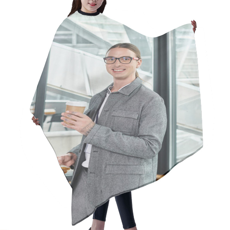 Personality  Young Man Having Lunch Break Eating Sandwich Drinking Coffee With Glass On Backdrop, Coworking Hair Cutting Cape