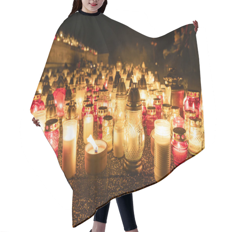 Personality  Illuminated Cemetery Candles At Night, Memorial Lanterns Honoring The Departed, All Saints Day Tribute Hair Cutting Cape